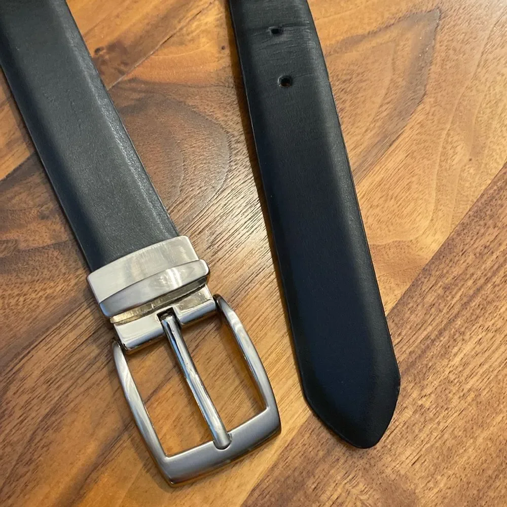 Black Leather Belt Silver Toned Hardware 38” Unisex